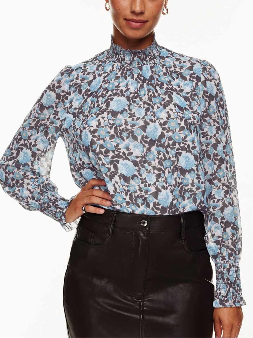 Wilfred Blue Floral Smocked-Neck Long Sleeve Blouse